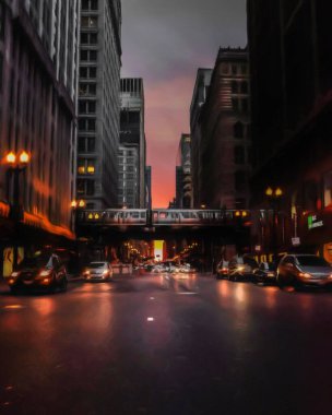 Chicago ABD şehir merkezi gökdelenleri ve mimarisi, Amerika şehir merkezine gidiyor, tuval veya kağıt poster için yağlı duvar resimleri çiziyor, turizm üretim tasarımı gerçek modern sanat eserleri