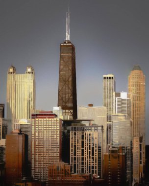 Chicago ABD şehir merkezi gökdelenleri ve mimarisi, Amerika şehir merkezine gidiyor, tuval veya kağıt poster için yağlı duvar resimleri çiziyor, turizm üretim tasarımı gerçek modern sanat eserleri