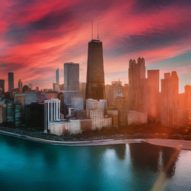 Chicago ABD şehir merkezi gökdelenleri ve mimarisi, Amerika şehir merkezine gidiyor, tuval veya kağıt poster için yağlı duvar resimleri çiziyor, turizm üretim tasarımı gerçek modern sanat eserleri