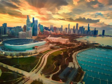 Chicago ABD şehir merkezi gökdelenleri ve mimarisi, Amerika şehir merkezine gidiyor, tuval veya kağıt poster için yağlı duvar resimleri çiziyor, turizm üretim tasarımı gerçek modern sanat eserleri