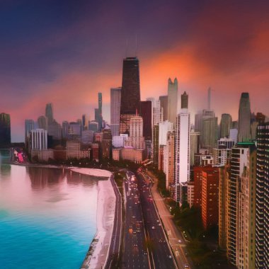 Chicago ABD şehir merkezi gökdelenleri ve mimarisi, Amerika şehir merkezine gidiyor, tuval veya kağıt poster için yağlı duvar resimleri çiziyor, turizm üretim tasarımı gerçek modern sanat eserleri