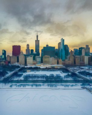 Chicago ABD şehir merkezi gökdelenleri ve mimarisi, Amerika şehir merkezine gidiyor, tuval veya kağıt poster için yağlı duvar resimleri çiziyor, turizm üretim tasarımı gerçek modern sanat eserleri