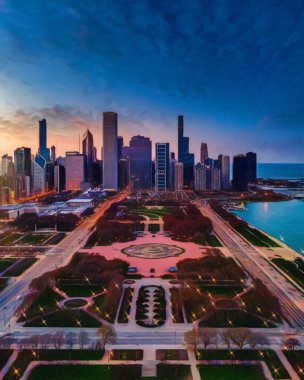 Chicago ABD şehir merkezi gökdelenleri ve mimarisi, Amerika şehir merkezine gidiyor, tuval veya kağıt poster için yağlı duvar resimleri çiziyor, turizm üretim tasarımı gerçek modern sanat eserleri