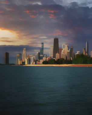 Chicago ABD şehir merkezi gökdelenleri ve mimarisi, Amerika şehir merkezine gidiyor, tuval veya kağıt poster için yağlı duvar resimleri çiziyor, turizm üretim tasarımı gerçek modern sanat eserleri
