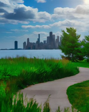 Chicago ABD şehir merkezi gökdelenleri ve mimarisi, Amerika şehir merkezine gidiyor, tuval veya kağıt poster için yağlı duvar resimleri çiziyor, turizm üretim tasarımı gerçek modern sanat eserleri