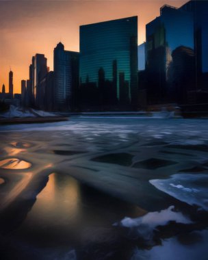 Chicago ABD şehir merkezi gökdelenleri ve mimarisi, Amerika şehir merkezine gidiyor, tuval veya kağıt poster için yağlı duvar resimleri çiziyor, turizm üretim tasarımı gerçek modern sanat eserleri