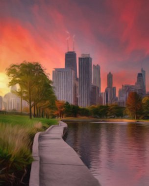 Chicago ABD şehir merkezi gökdelenleri ve mimarisi, Amerika şehir merkezine gidiyor, tuval veya kağıt poster için yağlı duvar resimleri çiziyor, turizm üretim tasarımı gerçek modern sanat eserleri