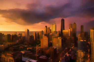 Chicago ABD şehir merkezi gökdelenleri ve mimarisi, Amerika şehir merkezine gidiyor, tuval veya kağıt poster için yağlı duvar resimleri çiziyor, turizm üretim tasarımı gerçek modern sanat eserleri