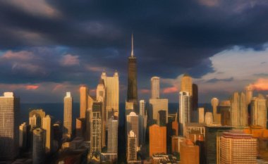 Chicago ABD şehir merkezi gökdelenleri ve mimarisi, Amerika şehir merkezine gidiyor, tuval veya kağıt poster için yağlı duvar resimleri çiziyor, turizm üretim tasarımı gerçek modern sanat eserleri