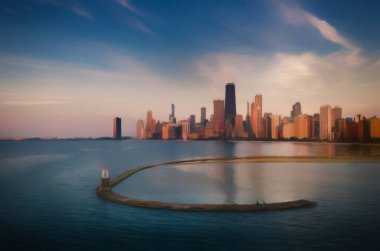 Chicago ABD şehir merkezi gökdelenleri ve mimarisi, Amerika şehir merkezine gidiyor, tuval veya kağıt poster için yağlı duvar resimleri çiziyor, turizm üretim tasarımı gerçek modern sanat eserleri