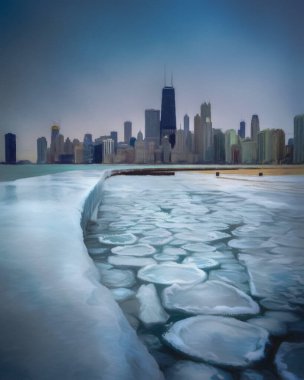 Chicago ABD şehir merkezi gökdelenleri ve mimarisi, Amerika şehir merkezine gidiyor, tuval veya kağıt poster için yağlı duvar resimleri çiziyor, turizm üretim tasarımı gerçek modern sanat eserleri