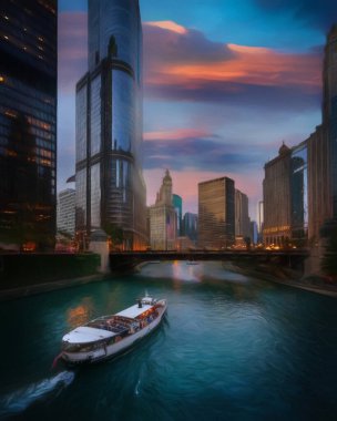 Chicago ABD şehir merkezi gökdelenleri ve mimarisi, Amerika şehir merkezine gidiyor, tuval veya kağıt poster için yağlı duvar resimleri çiziyor, turizm üretim tasarımı gerçek modern sanat eserleri