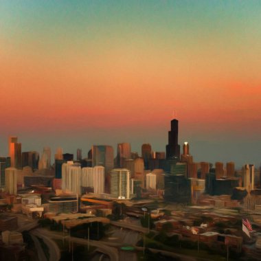 Chicago ABD şehir merkezi gökdelenleri ve mimarisi, Amerika şehir merkezine gidiyor, tuval veya kağıt poster için yağlı duvar resimleri çiziyor, turizm üretim tasarımı gerçek modern sanat eserleri