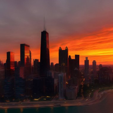 Chicago ABD şehir merkezi gökdelenleri ve mimarisi, Amerika şehir merkezine gidiyor, tuval veya kağıt poster için yağlı duvar resimleri çiziyor, turizm üretim tasarımı gerçek modern sanat eserleri