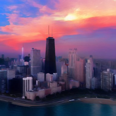 Chicago ABD şehir merkezi gökdelenleri ve mimarisi, Amerika şehir merkezine gidiyor, tuval veya kağıt poster için yağlı duvar resimleri çiziyor, turizm üretim tasarımı gerçek modern sanat eserleri