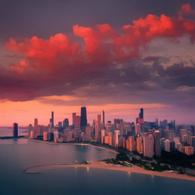 Chicago ABD şehir merkezi gökdelenleri ve mimarisi, Amerika şehir merkezine gidiyor, tuval veya kağıt poster için yağlı duvar resimleri çiziyor, turizm üretim tasarımı gerçek modern sanat eserleri