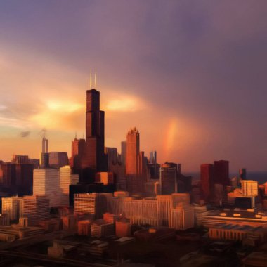 Chicago ABD şehir merkezi gökdelenleri ve mimarisi, Amerika şehir merkezine gidiyor, tuval veya kağıt poster için yağlı duvar resimleri çiziyor, turizm üretim tasarımı gerçek modern sanat eserleri