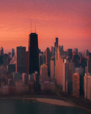 Chicago ABD şehir merkezi gökdelenleri ve mimarisi, Amerika şehir merkezine gidiyor, tuval veya kağıt poster için yağlı duvar resimleri çiziyor, turizm üretim tasarımı gerçek modern sanat eserleri