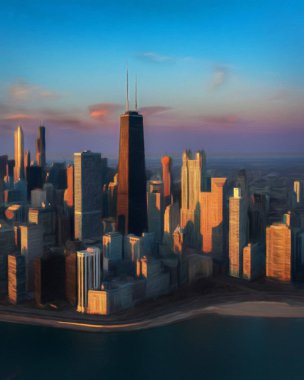 Chicago ABD şehir merkezi gökdelenleri ve mimarisi, Amerika şehir merkezine gidiyor, tuval veya kağıt poster için yağlı duvar resimleri çiziyor, turizm üretim tasarımı gerçek modern sanat eserleri