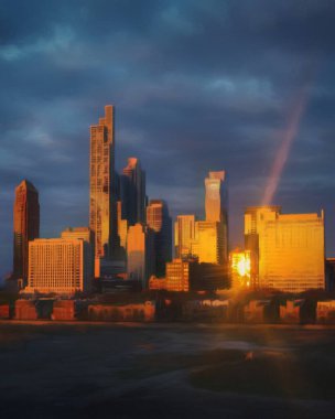 Chicago ABD şehir merkezi gökdelenleri ve mimarisi, Amerika şehir merkezine gidiyor, tuval veya kağıt poster için yağlı duvar resimleri çiziyor, turizm üretim tasarımı gerçek modern sanat eserleri