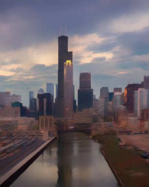 Chicago ABD şehir merkezi gökdelenleri ve mimarisi, Amerika şehir merkezine gidiyor, tuval veya kağıt poster için yağlı duvar resimleri çiziyor, turizm üretim tasarımı gerçek modern sanat eserleri