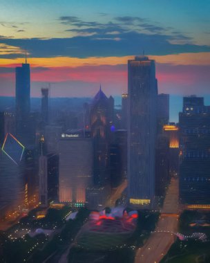 Chicago ABD şehir merkezi gökdelenleri ve mimarisi, Amerika şehir merkezine gidiyor, tuval veya kağıt poster için yağlı duvar resimleri çiziyor, turizm üretim tasarımı gerçek modern sanat eserleri