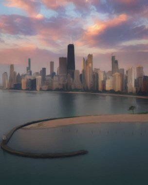 Chicago ABD şehir merkezi gökdelenleri ve mimarisi, Amerika şehir merkezine gidiyor, tuval veya kağıt poster için yağlı duvar resimleri çiziyor, turizm üretim tasarımı gerçek modern sanat eserleri