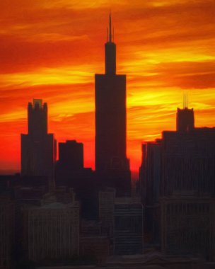 Chicago ABD şehir merkezi gökdelenleri ve mimarisi, Amerika şehir merkezine gidiyor, tuval veya kağıt poster için yağlı duvar resimleri çiziyor, turizm üretim tasarımı gerçek modern sanat eserleri