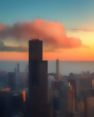 Chicago ABD şehir merkezi gökdelenleri ve mimarisi, Amerika şehir merkezine gidiyor, tuval veya kağıt poster için yağlı duvar resimleri çiziyor, turizm üretim tasarımı gerçek modern sanat eserleri