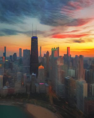 Chicago ABD şehir merkezi gökdelenleri ve mimarisi, Amerika şehir merkezine gidiyor, tuval veya kağıt poster için yağlı duvar resimleri çiziyor, turizm üretim tasarımı gerçek modern sanat eserleri