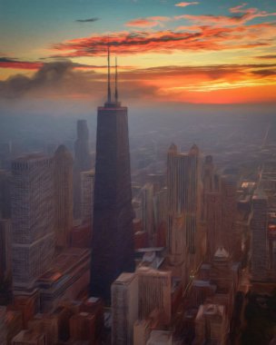 Chicago ABD şehir merkezi gökdelenleri ve mimarisi, Amerika şehir merkezine gidiyor, tuval veya kağıt poster için yağlı duvar resimleri çiziyor, turizm üretim tasarımı gerçek modern sanat eserleri