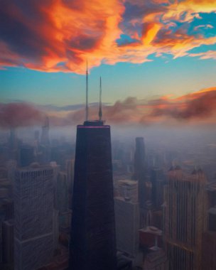 Chicago ABD şehir merkezi gökdelenleri ve mimarisi, Amerika şehir merkezine gidiyor, tuval veya kağıt poster için yağlı duvar resimleri çiziyor, turizm üretim tasarımı gerçek modern sanat eserleri