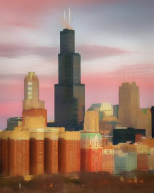 Chicago ABD şehir merkezi gökdelenleri ve mimarisi, Amerika şehir merkezine gidiyor, tuval veya kağıt poster için yağlı duvar resimleri çiziyor, turizm üretim tasarımı gerçek modern sanat eserleri