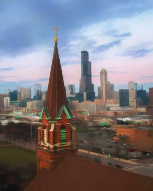 Chicago ABD şehir merkezi gökdelenleri ve mimarisi, Amerika şehir merkezine gidiyor, tuval veya kağıt poster için yağlı duvar resimleri çiziyor, turizm üretim tasarımı gerçek modern sanat eserleri