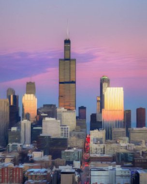 Chicago ABD şehir merkezi gökdelenleri ve mimarisi, Amerika şehir merkezine gidiyor, tuval veya kağıt poster için yağlı duvar resimleri çiziyor, turizm üretim tasarımı gerçek modern sanat eserleri