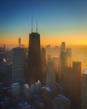 Chicago ABD şehir merkezi gökdelenleri ve mimarisi, Amerika şehir merkezine gidiyor, tuval veya kağıt poster için yağlı duvar resimleri çiziyor, turizm üretim tasarımı gerçek modern sanat eserleri