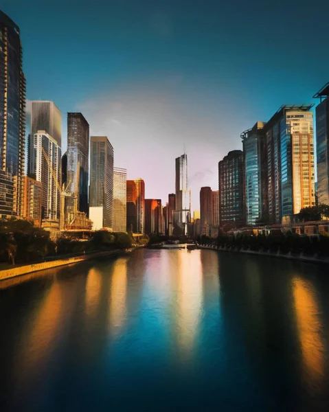 Chicago ABD şehir merkezi gökdelenleri ve mimarisi, Amerika şehir merkezine gidiyor, tuval veya kağıt poster için yağlı duvar resimleri çiziyor, turizm üretim tasarımı gerçek modern sanat eserleri