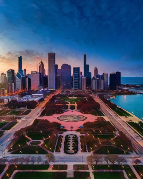 Chicago ABD şehir merkezi gökdelenleri ve mimarisi, Amerika şehir merkezine gidiyor, tuval veya kağıt poster için yağlı duvar resimleri çiziyor, turizm üretim tasarımı gerçek modern sanat eserleri