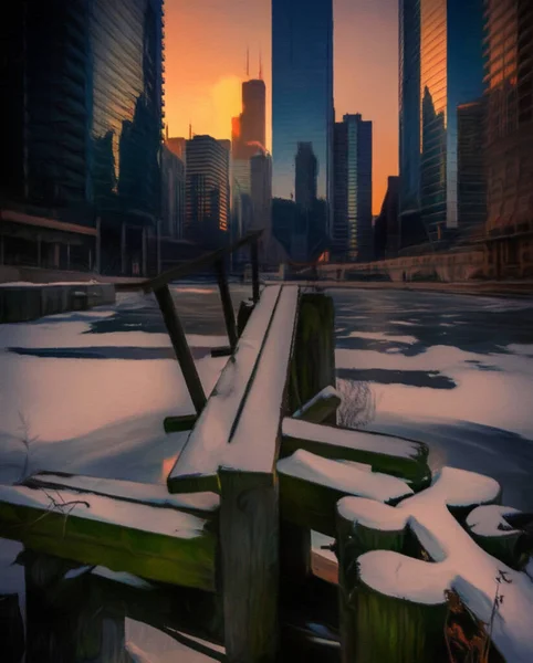 Chicago ABD şehir merkezi gökdelenleri ve mimarisi, Amerika şehir merkezine gidiyor, tuval veya kağıt poster için yağlı duvar resimleri çiziyor, turizm üretim tasarımı gerçek modern sanat eserleri