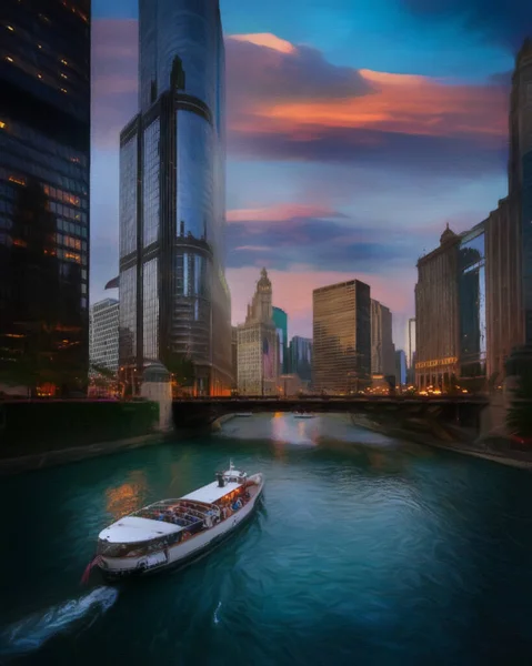 Chicago ABD şehir merkezi gökdelenleri ve mimarisi, Amerika şehir merkezine gidiyor, tuval veya kağıt poster için yağlı duvar resimleri çiziyor, turizm üretim tasarımı gerçek modern sanat eserleri