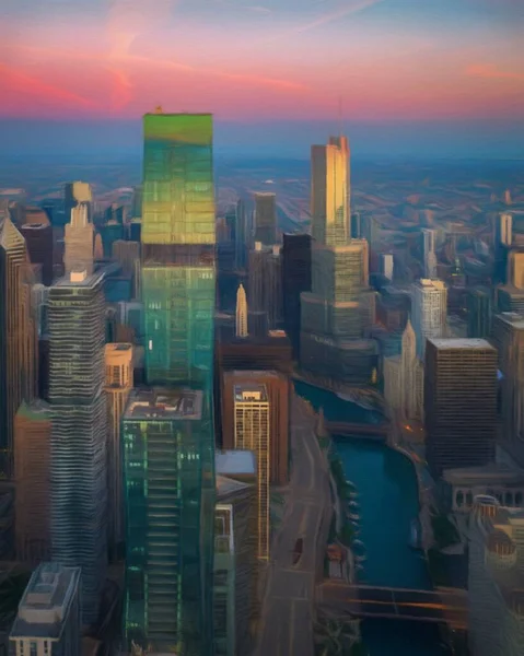 Chicago ABD şehir merkezi gökdelenleri ve mimarisi, Amerika şehir merkezine gidiyor, tuval veya kağıt poster için yağlı duvar resimleri çiziyor, turizm üretim tasarımı gerçek modern sanat eserleri