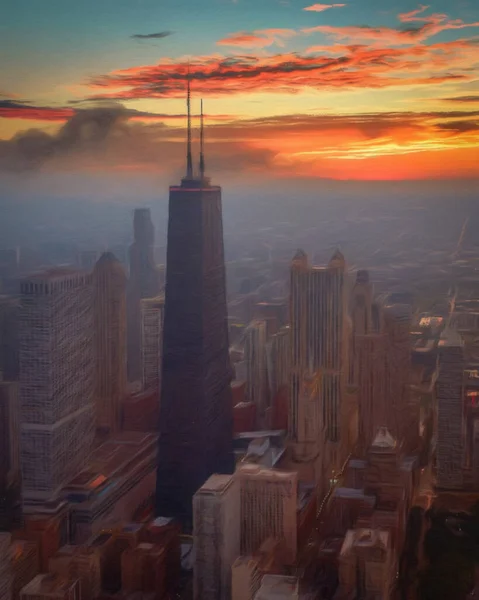 Chicago ABD şehir merkezi gökdelenleri ve mimarisi, Amerika şehir merkezine gidiyor, tuval veya kağıt poster için yağlı duvar resimleri çiziyor, turizm üretim tasarımı gerçek modern sanat eserleri