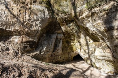 Letonya'da Gauja Nehri kıyısında Sietiniezis büyük kumtaşı kayalıklar. ahşap merdivenile yürüyüş için turistik doğa izi.