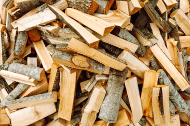 A large pile of freshly cut firewood, mainly Gray alder.