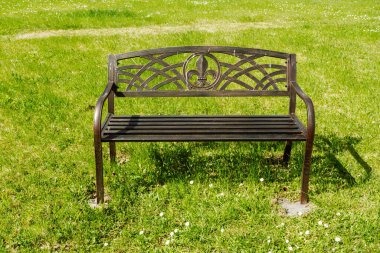 Dekoratif metal bahçe tezgahı manzarası. yeşil bahar çimeni.