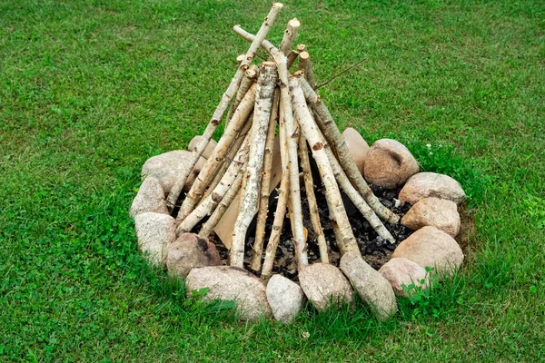 Stones Fire Place Outdoor Picnic Birch Wood — Zdjęcie stockowe