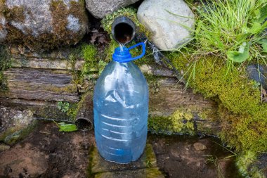 Beş litrelik plastik su şişesiyle doğal kaynak suyu toplamak..
