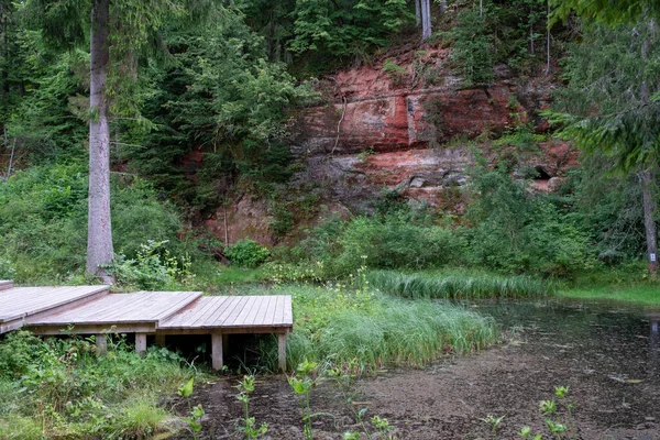 Wooden Viewing Platform Sandstone Rock Mirror Cliffs Old River Channel — Stockfoto