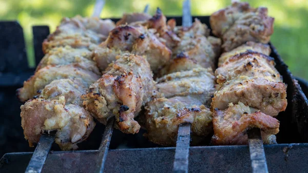 Preparing Grilled Pork Kebab Closeup Top View Grilling Fresh Meat — Stock fotografie