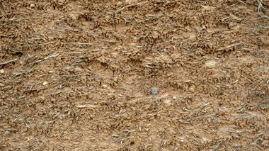 Saman ile karıştırılmış kilden yapılmış eski bir evin duvarının yakın plan görüntüsü. Eski tip bir inşaat. Çamur ve samandan oluşan kil duvar.